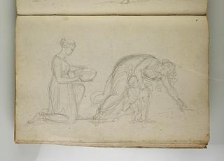 C562,34v Kneeling woman with a bowl. Mother with child gleaning