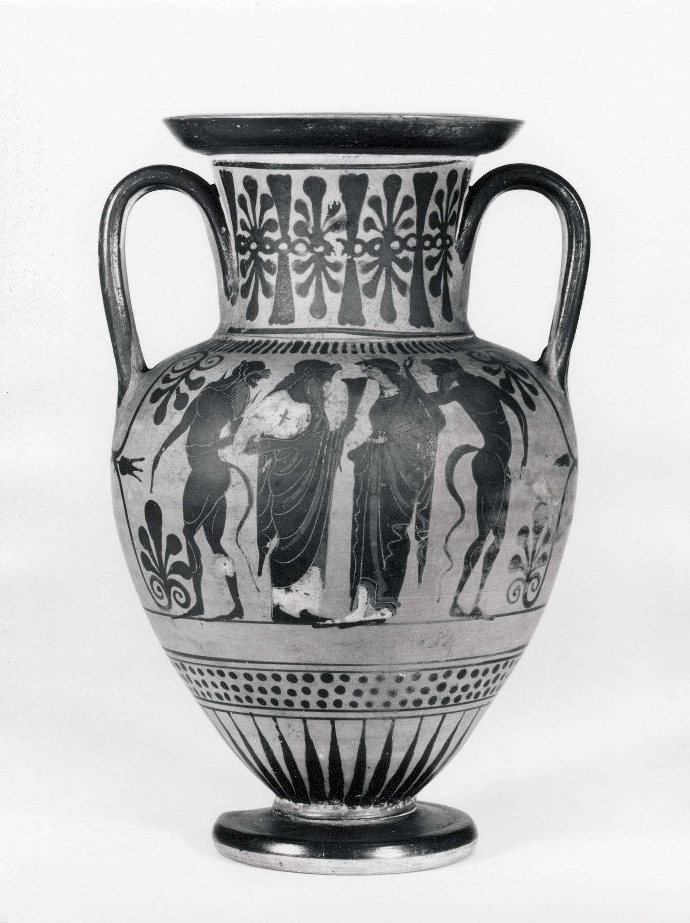 Amphora with Dionysos and Ariadne (A) and warriors departing (B), H511