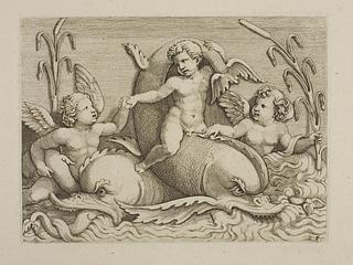E1765 Two Cupids and a boy playing with two dolphins