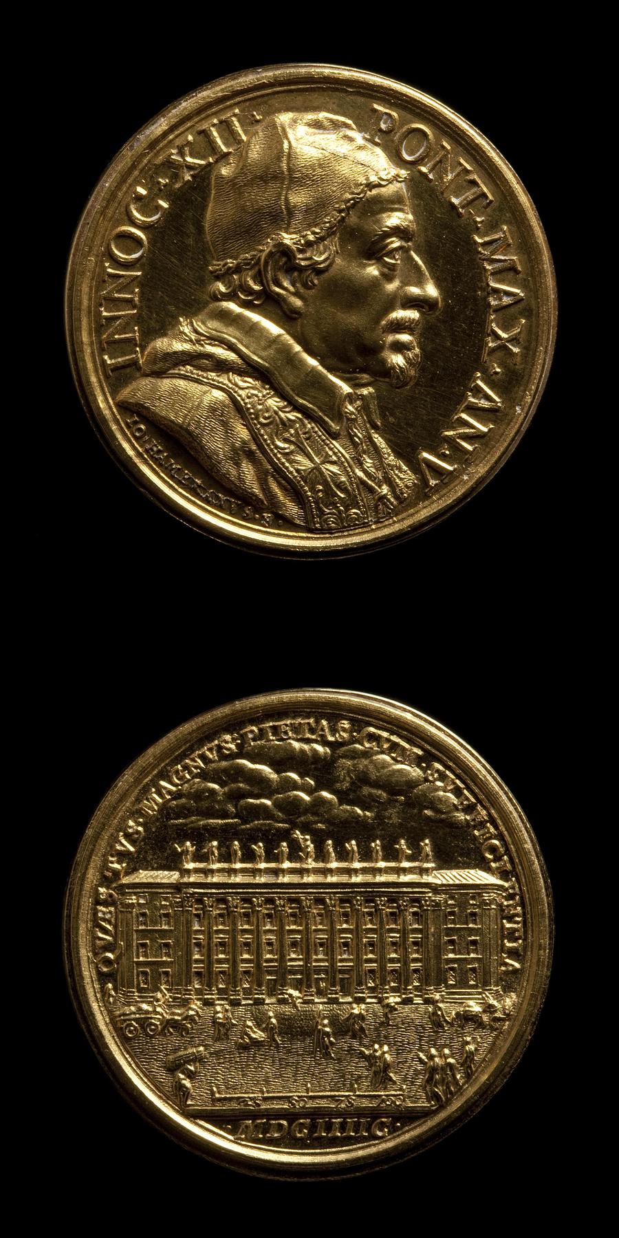 Medaljens forside: Innocent 12. Medaljens bagside: Toldbygningen Dogana di terra, F28