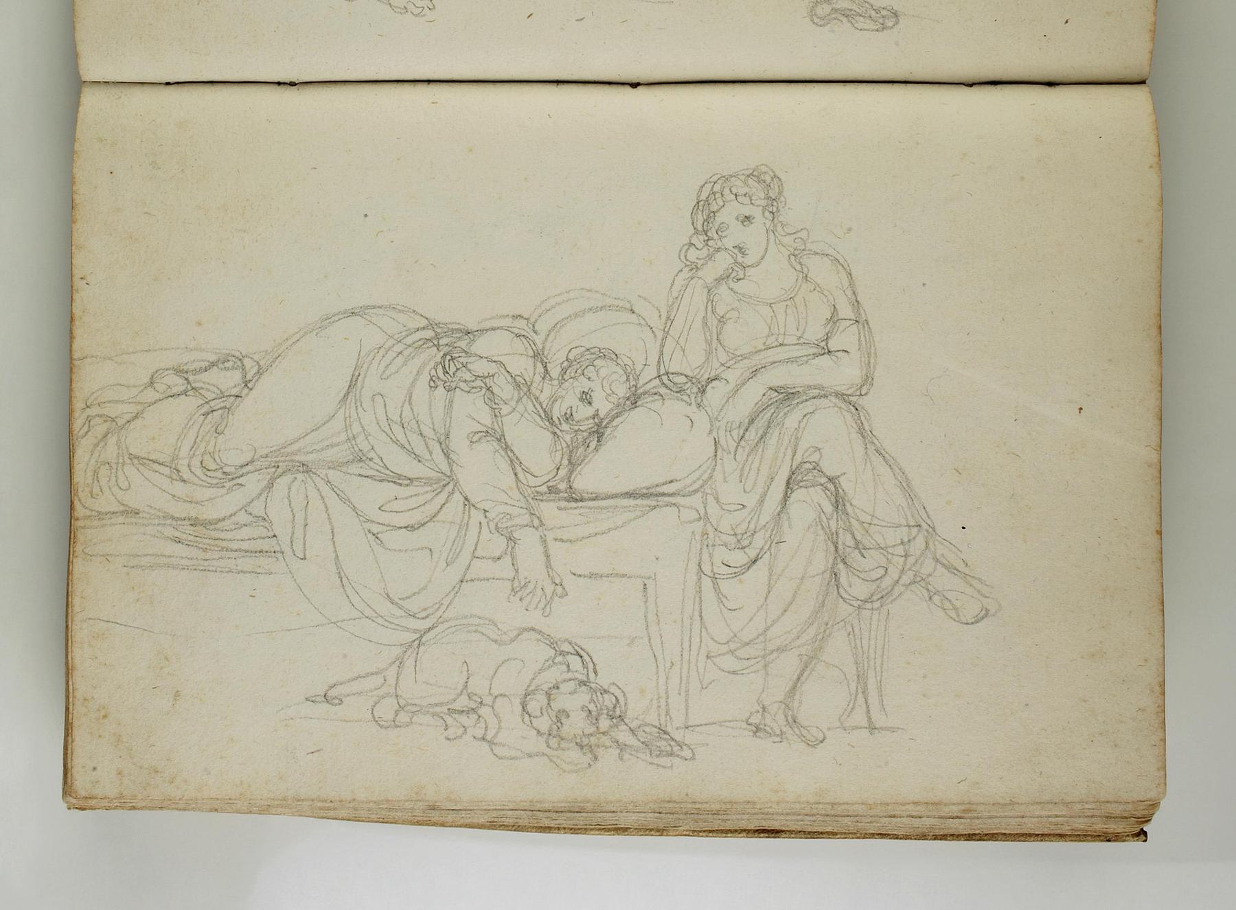 Sengeliggende kvinde med en siddende kvinde og en hund, C562,37v