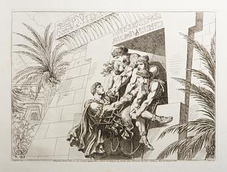 E943,100 Cleopatra, ajutata dalle sue due femmine, introduce Marc' Antonio moribondo per la fenestra della Tomba