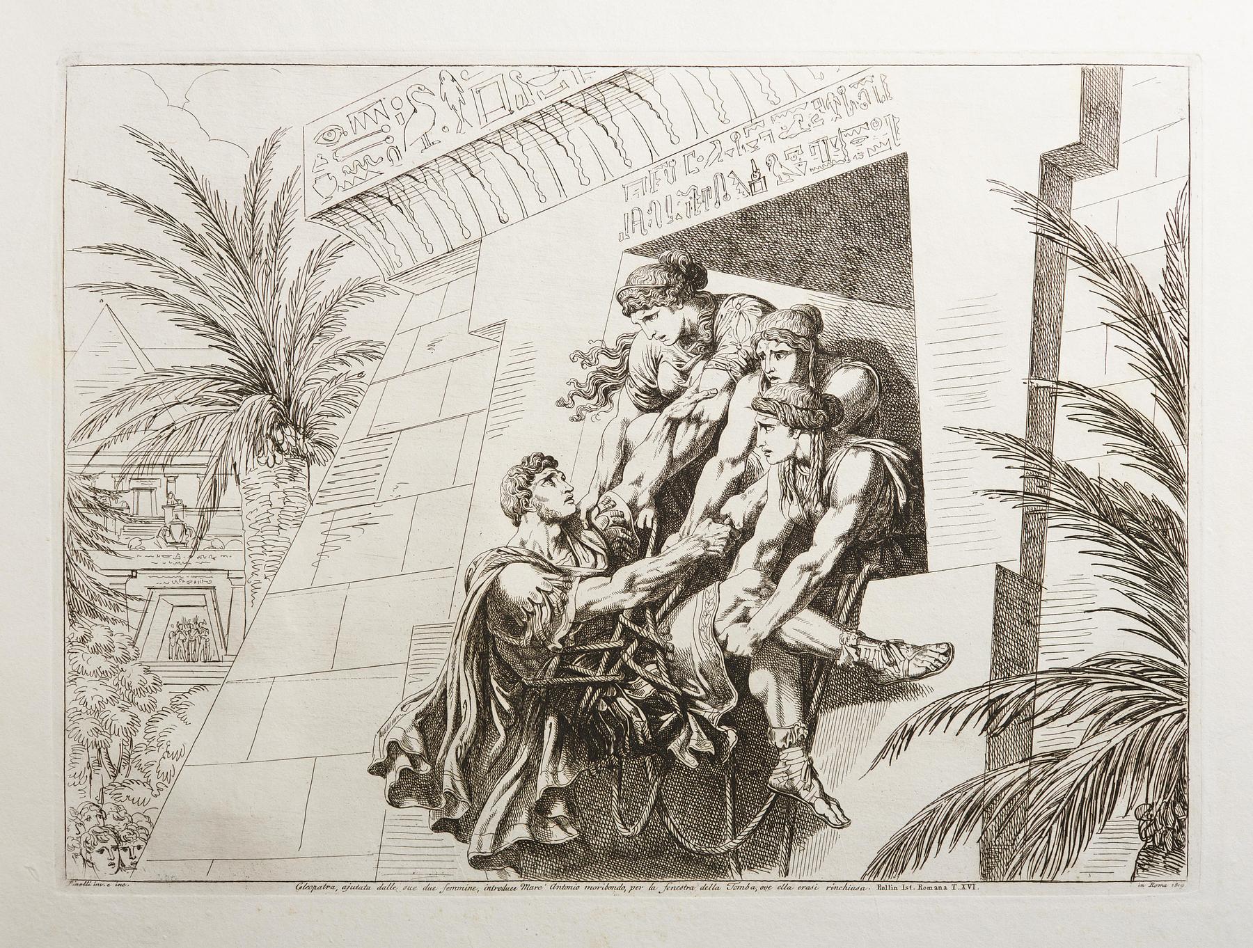 Cleopatra, ajutata dalle sue due femmine, introduce Marc' Antonio moribondo per la fenestra della Tomba, E943,100