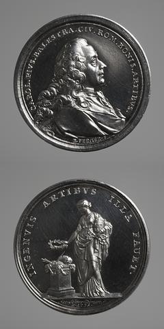 F31 Medal obverse: The architect Carlo Pio Balestra. Medal reverse: The Papacy holding a laurel wreath above an altar with attributes of the arts