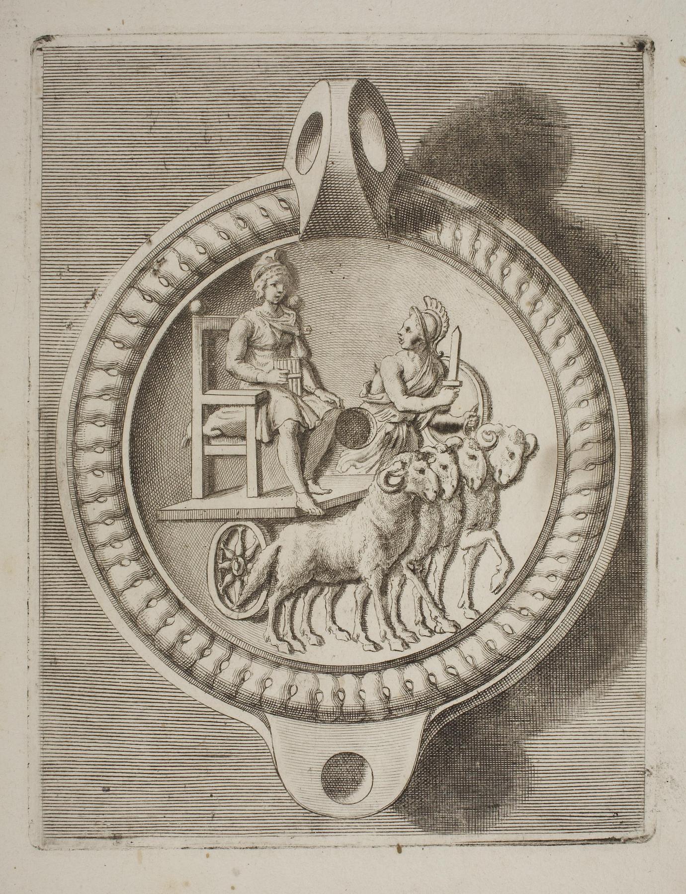Lamp decorated with an Attis figure holding a shepherd's flute and seated on a chariot pulled by a team of ram, E1539