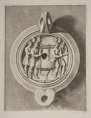 E1538 Lamp decorated with eight men carrying a wine barrel