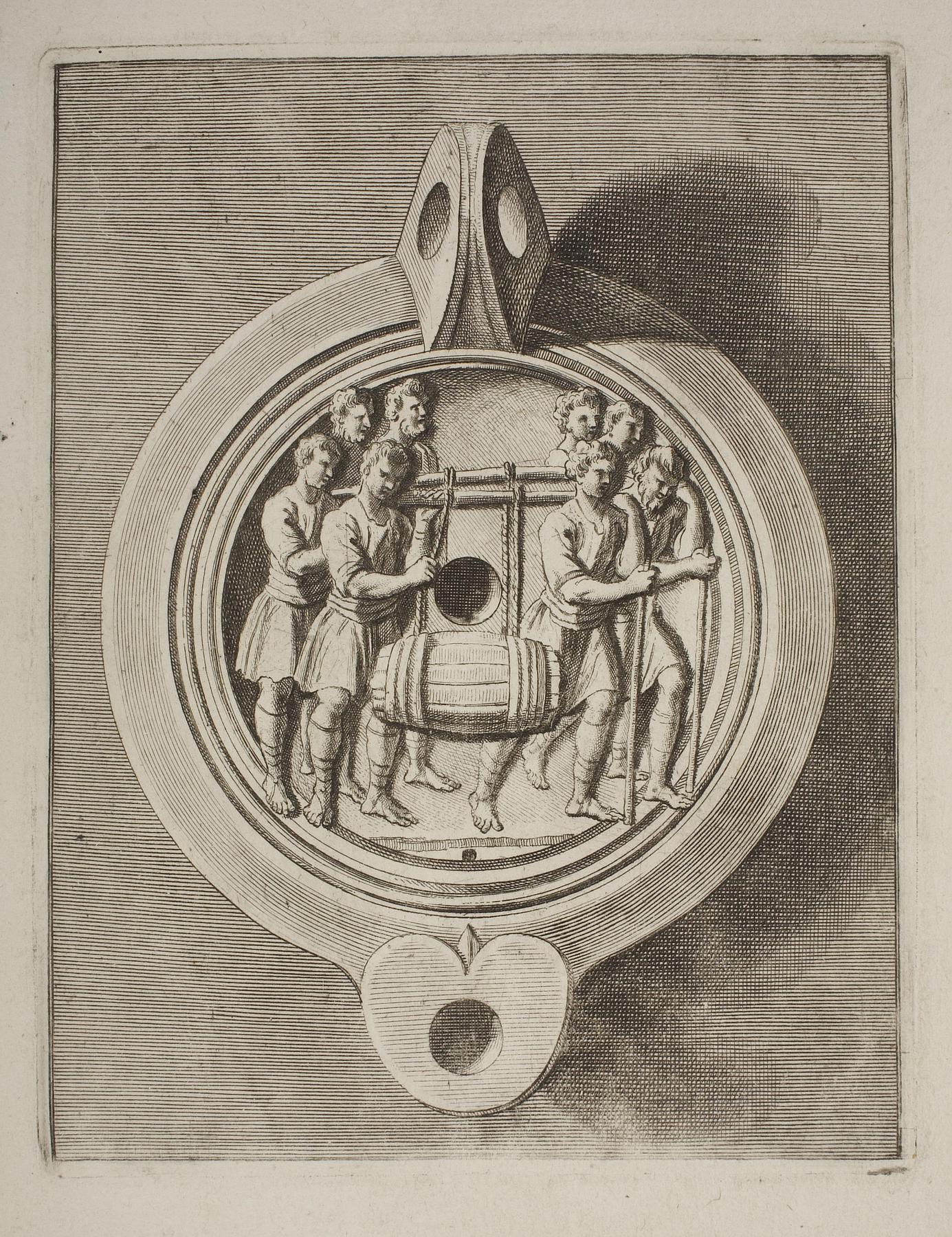 Lampe dekoreret med otte mænd som bærer en vintønde, E1538