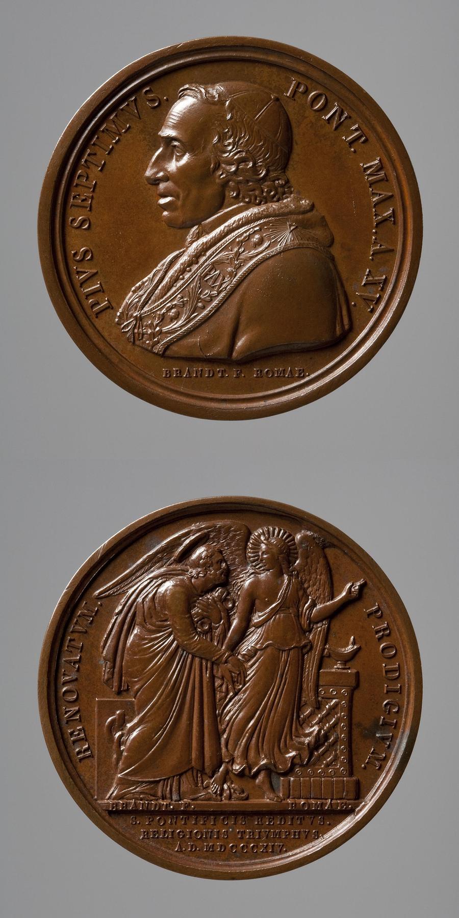 Medaljens forside: Pius 7. Medaljens bagside: Englen fører Peter ud af fængslet, F36