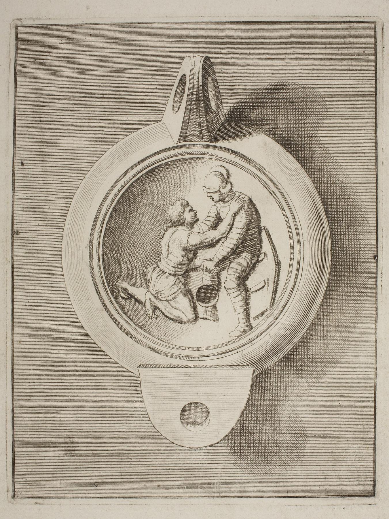 Lamp decorated with two gladiators fighting, E1541