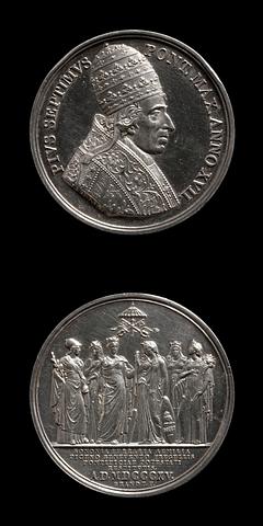 F37 Medaljens forside: Pius 7. Medaljens bagside: Pontecorvo, Benevento, Bologna, Ferrara og Romagna