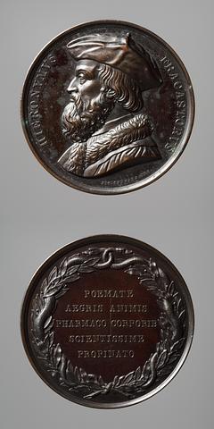 F54 Medaljens forside: Lægen Hieronymus Fracastoro. Medaljens bagside: Inskription og en krans af laurbærgrene og to slanger