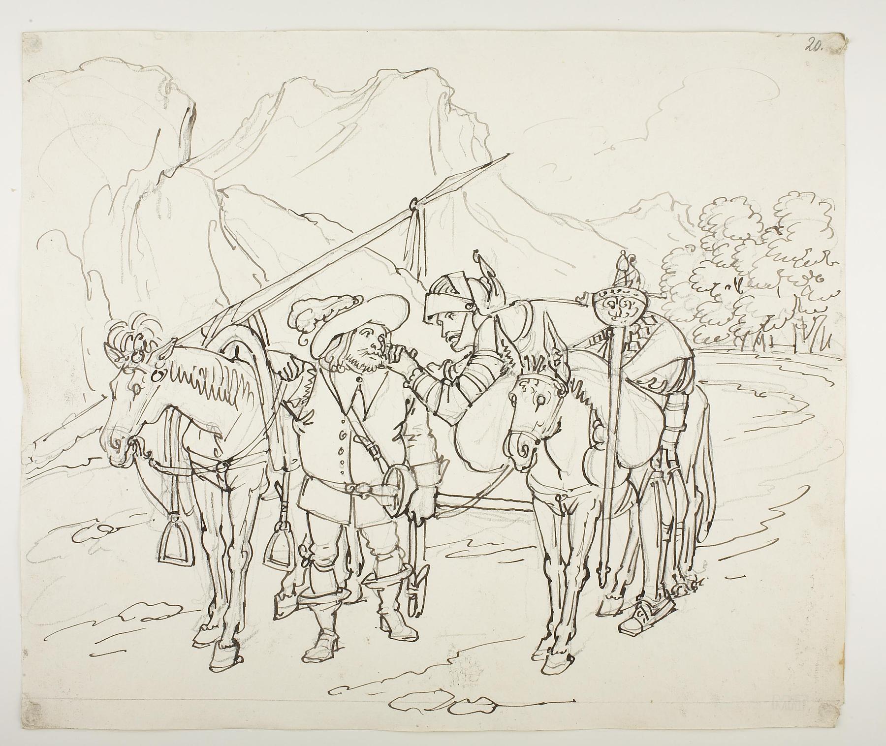 Don Quixote ligger mørbanket over æselets ryg, Sancho Panza gående, D578