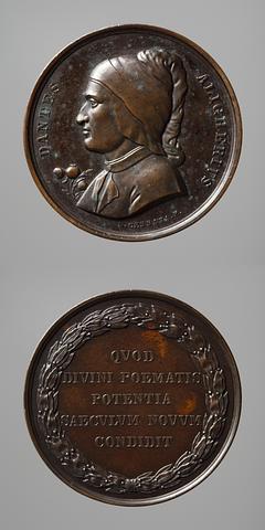 F53 Medaljens forside: Digteren Dante Alighieri. Medaljens bagside: Laurbærkrans og inskription