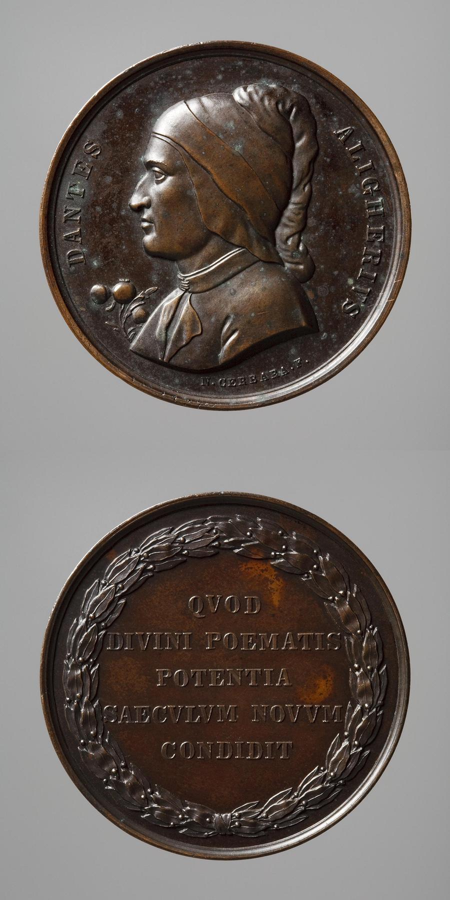 Medaljens forside: Digteren Dante Alighieri. Medaljens bagside: Laurbærkrans og inskription, F53
