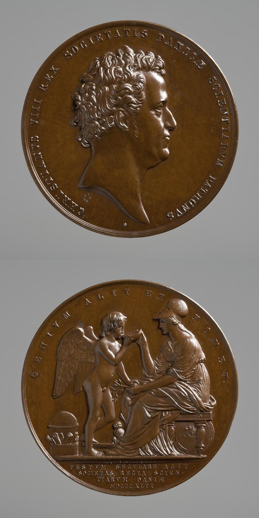 Medaljens forside: Kong Christian 8. Medaljens bagside: Minerva og en genius, F55