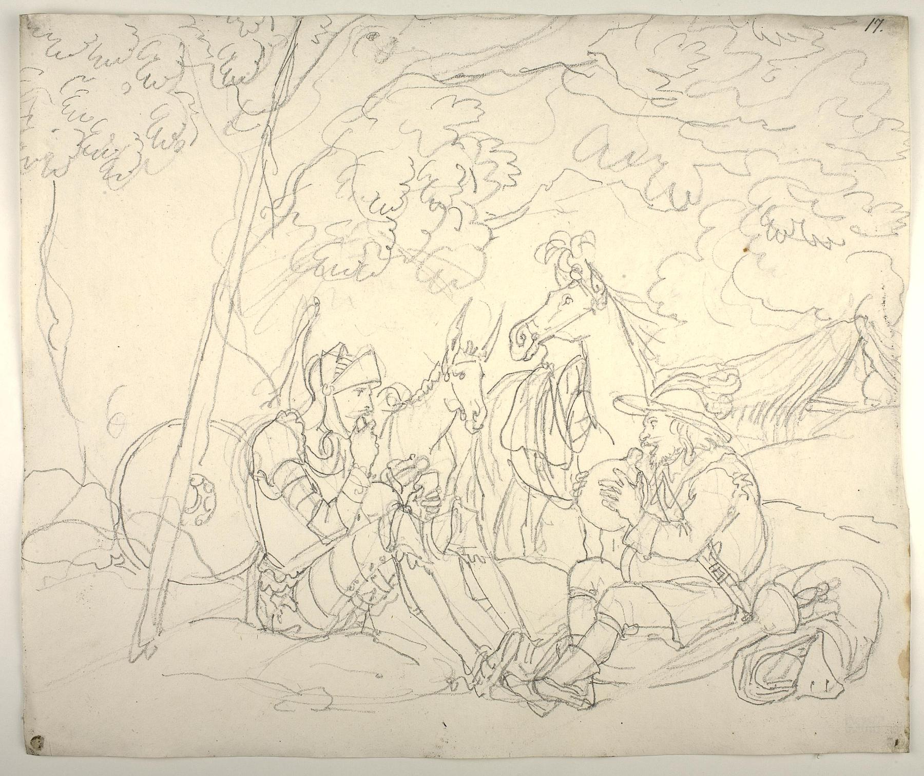 Don Quixote og Sancho Panza holder rast under et træ, D576