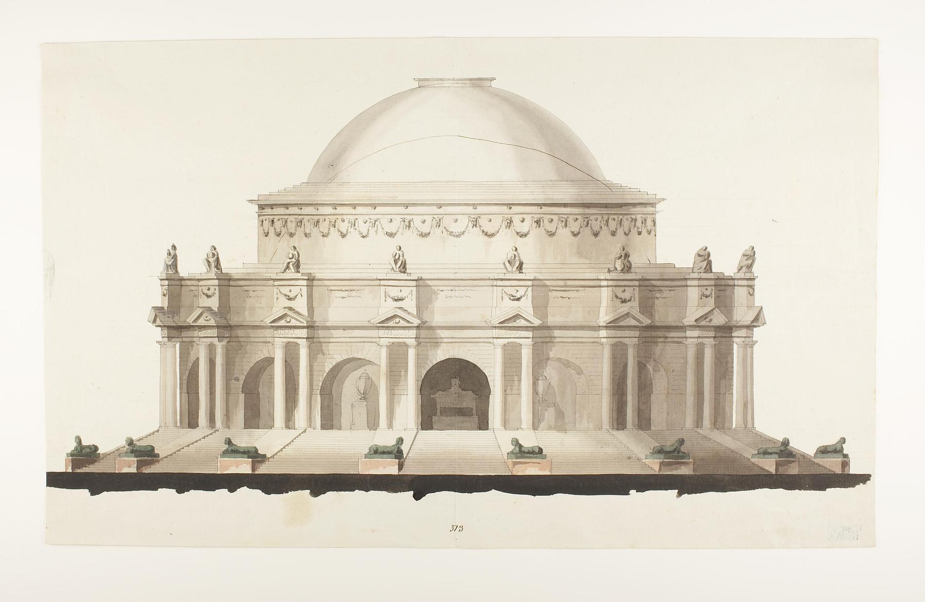 Udkast til et mausoleum eller gravkapel i antik stil, opstalt af facade, D861