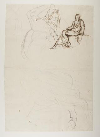 C471r A seated and a standing figure. Studies of horse legs