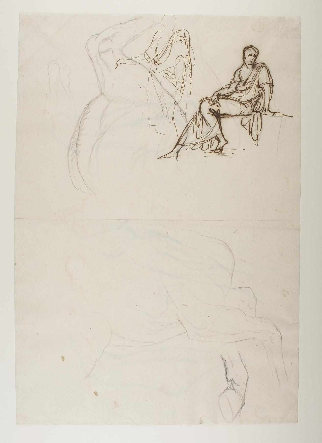 A seated and a standing figure. Studies of horse legs, C471r