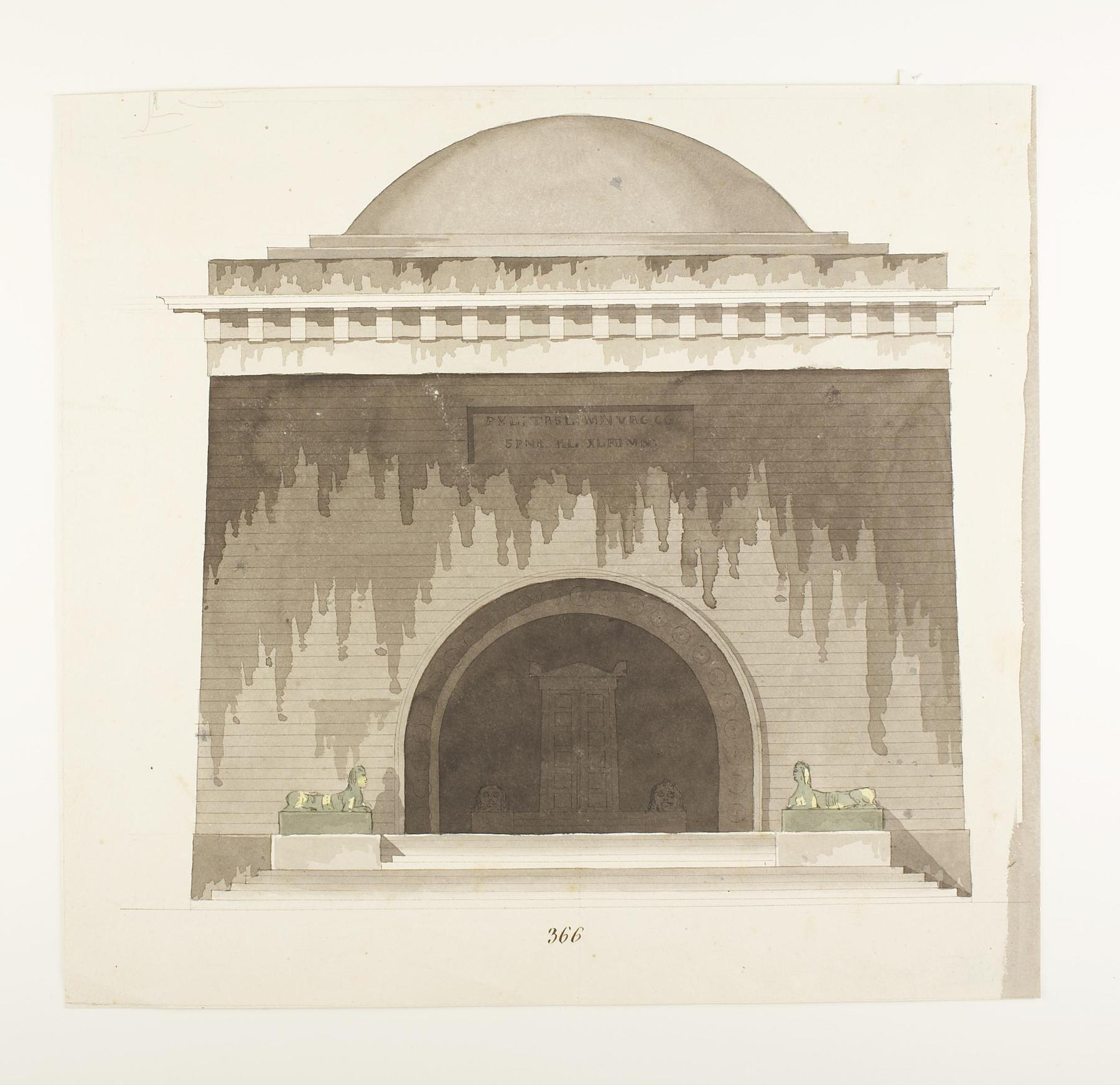 Udkast til et mausoleum eller gravkapel i antik stil, opstalt af facade, D854