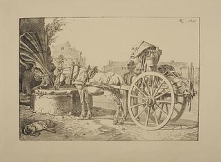 E1136 Horse Harnessed to a Roman Cart and Drinking Water from a Fountain