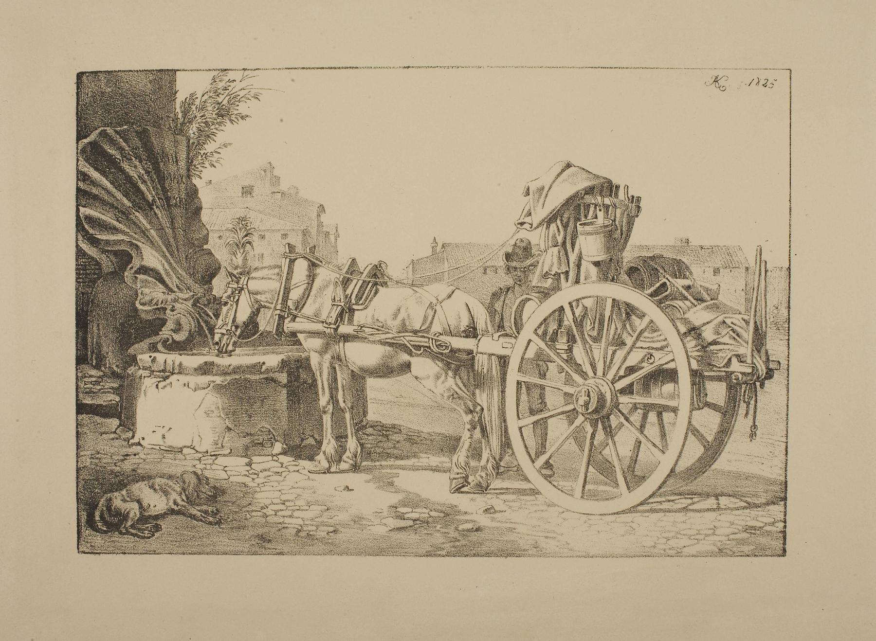 Horse Harnessed to a Roman Cart and Drinking Water from a Fountain, E1136