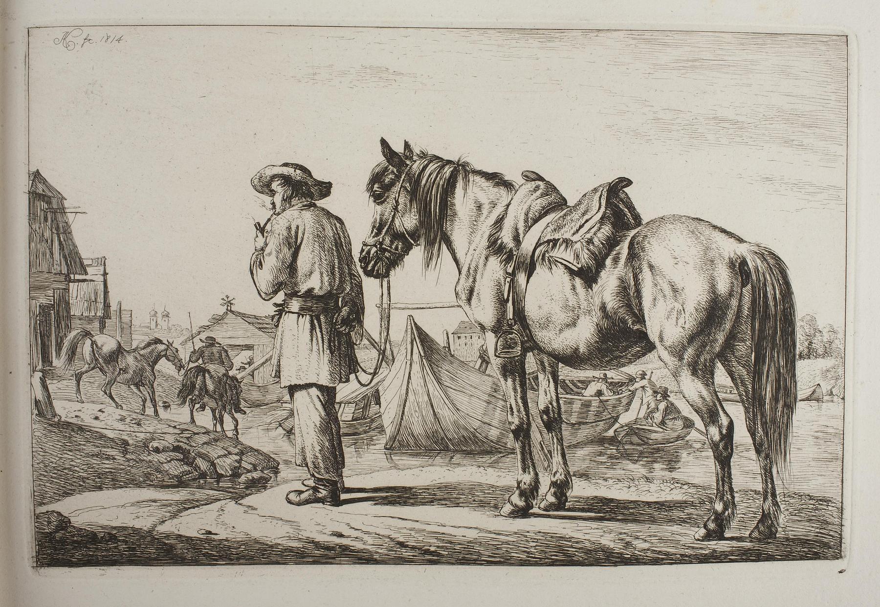 En slovak med sin hest ved en flod, E665,10