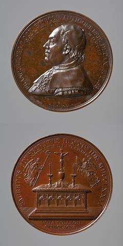 F98 Medal obverse: Bishop Lock from Antioch. Medal reverse: Two angels with the bishopric's insignia hovering above an altar