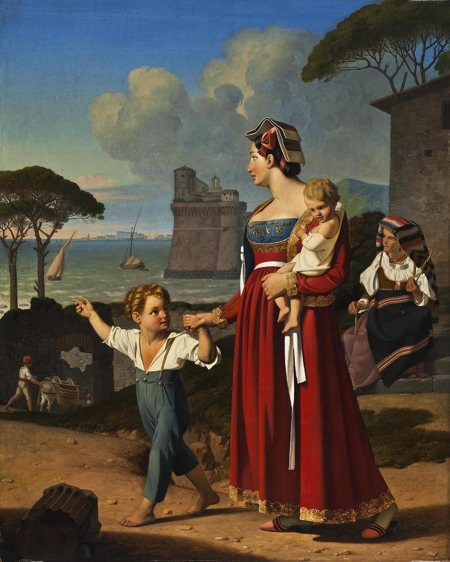 Young Woman with Two Children and an Old Woman with a Distaff, in the Background the City of Nettuno, B224