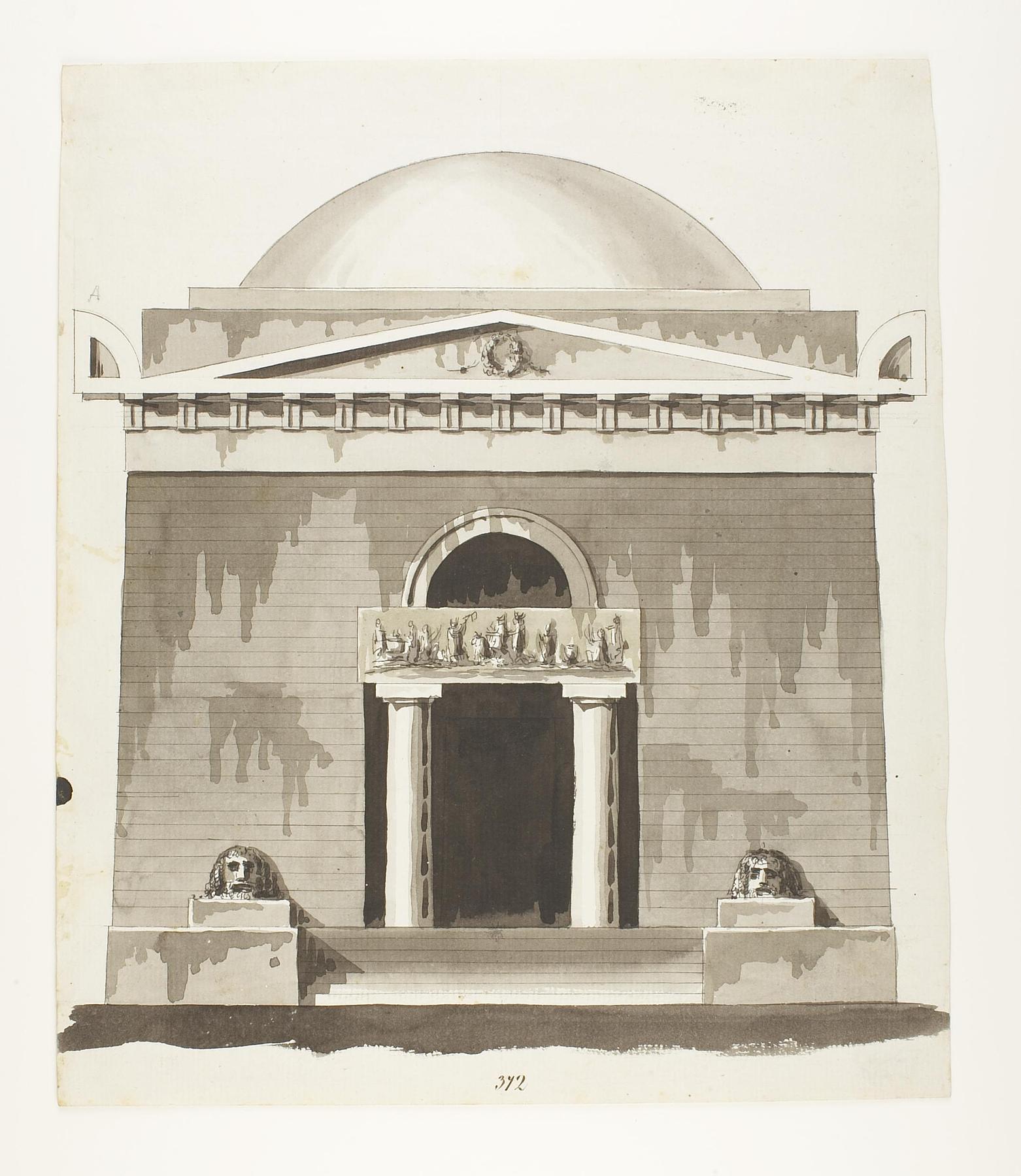 Udkast til et mausoleum eller gravkapel i antik stil, opstalt af facade, D860