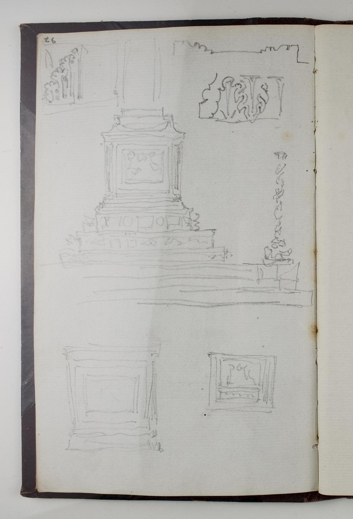 Opstillingsforslag for monument over Friedrich Schiller, grundplan, opstalt og ornamentdetaljer, D1778,97