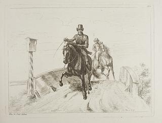 E667,4 Two Riders at a Galop on a Bridge