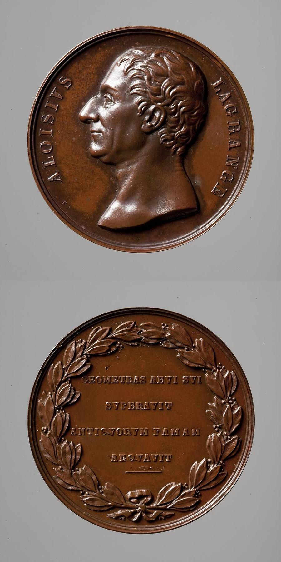 Medaljens forside: Matematikeren Joseph-Louis Lagrange. Medaljens bagside: Laurbærkrans og inskription, F68