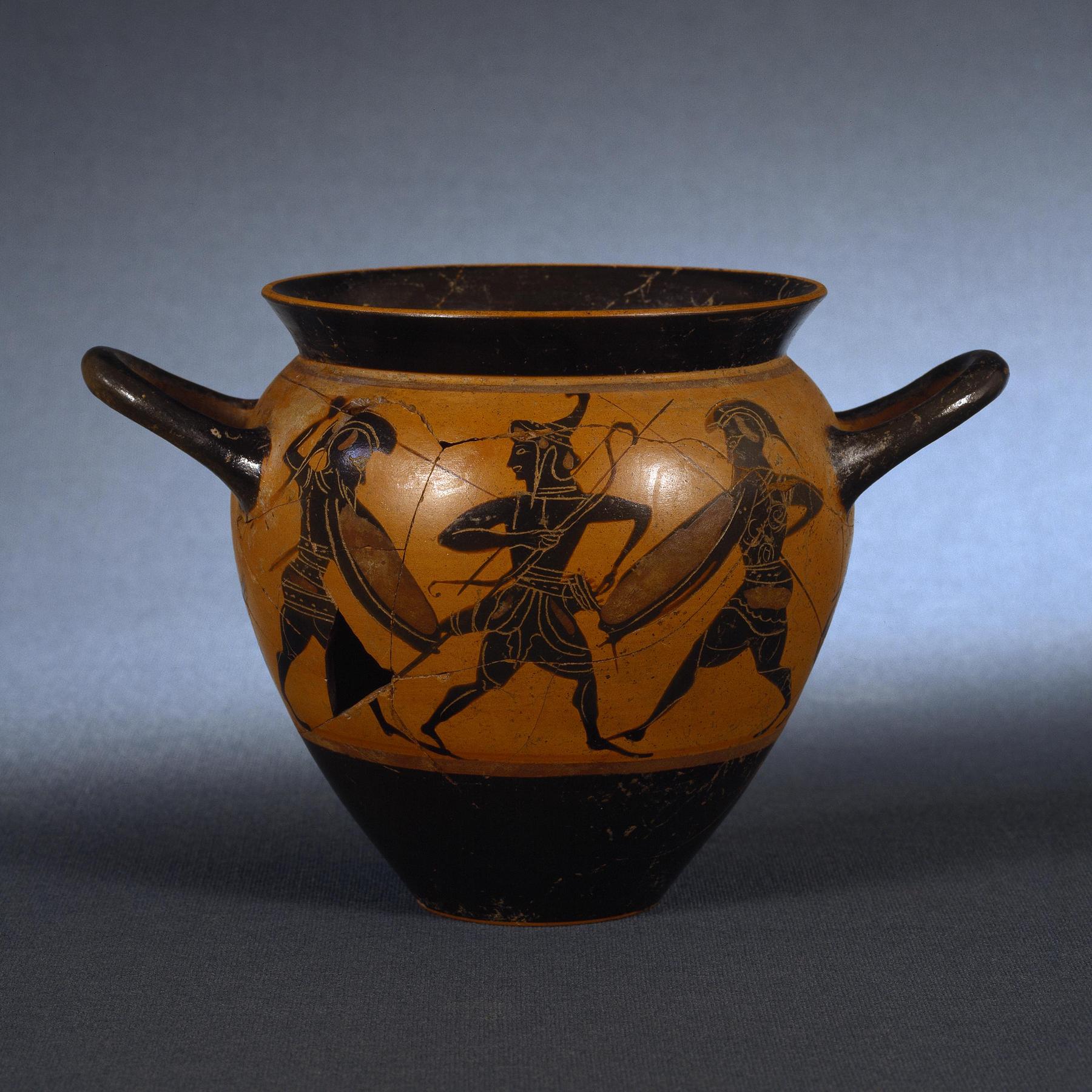 Drinking cup with battle scene (A) and a warrior between two women (B), H550