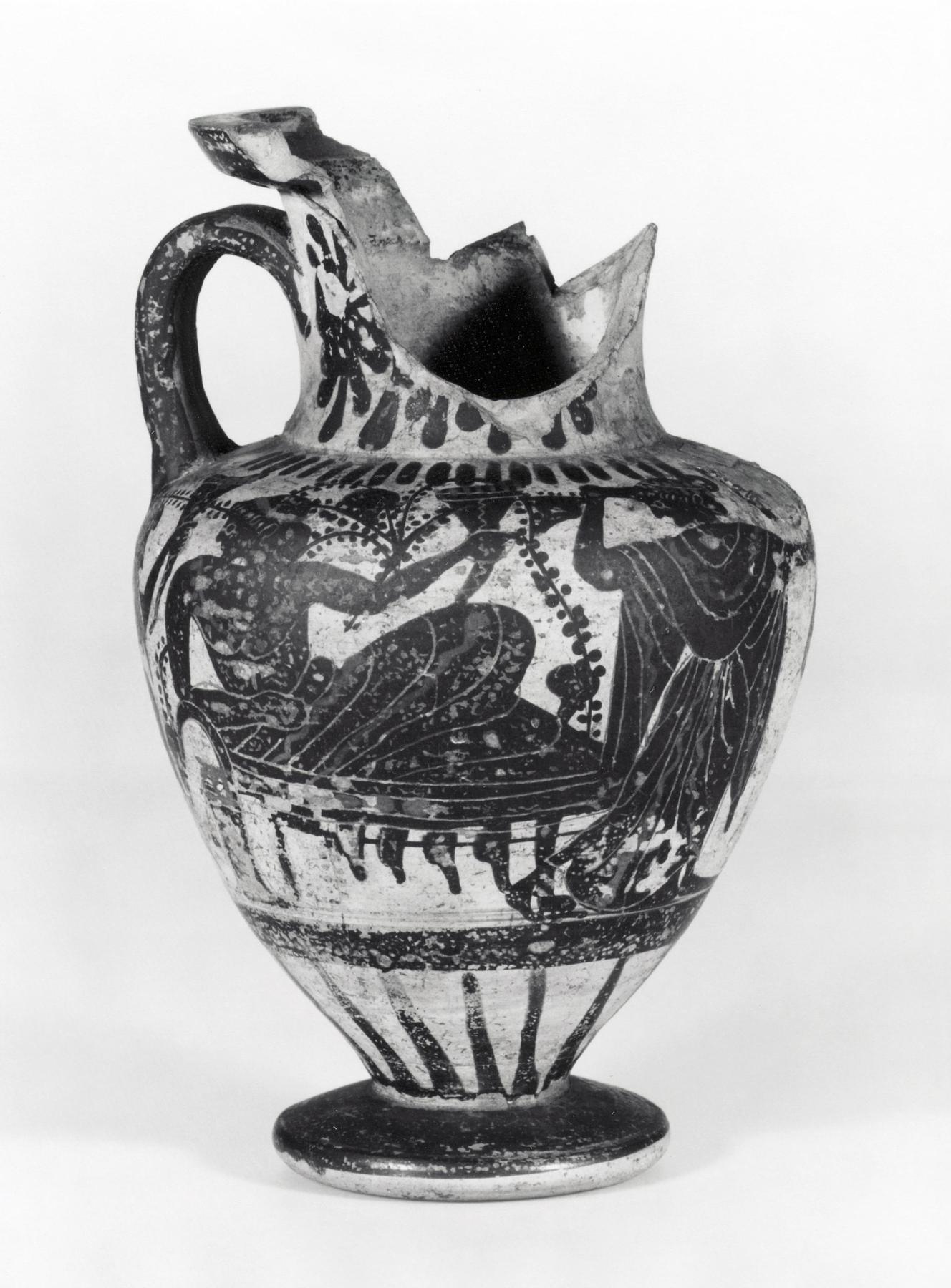 Amfora med Dionysos, silen og mænade (A) og to krigere i kamp (B), H535