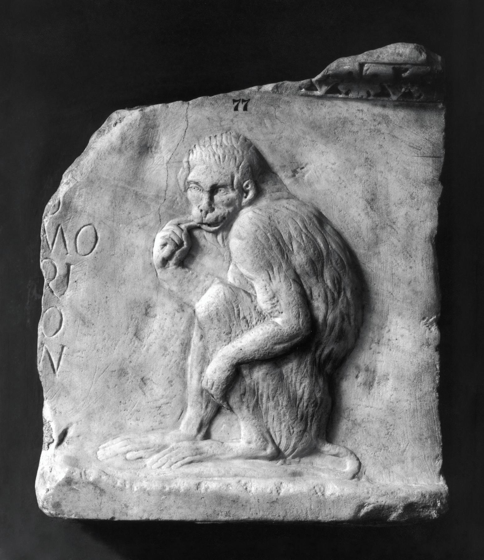 Relief med en siddende abe og en indskrift, H1477