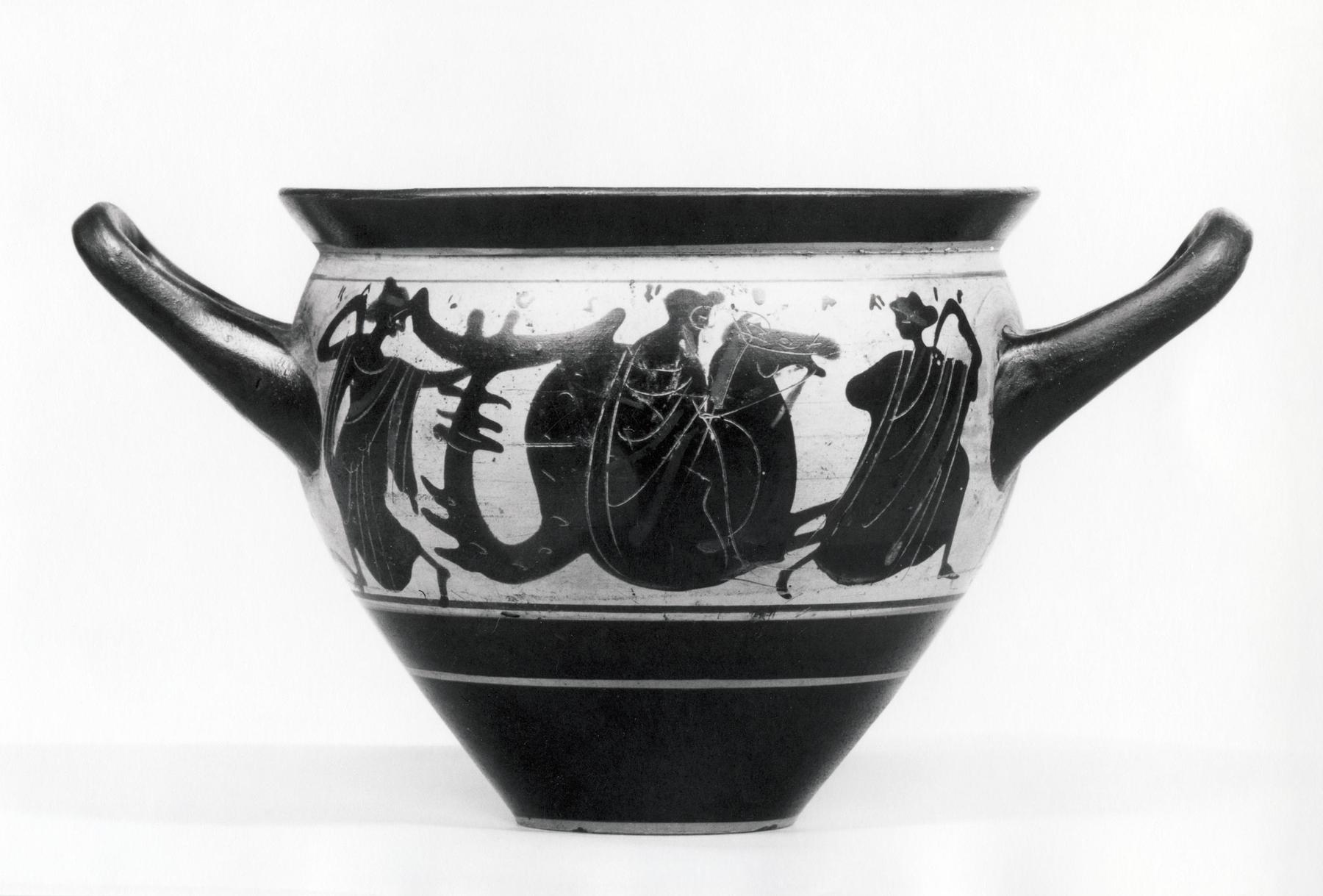Drinking cup with men riding sea horses and running women (A, B), H537