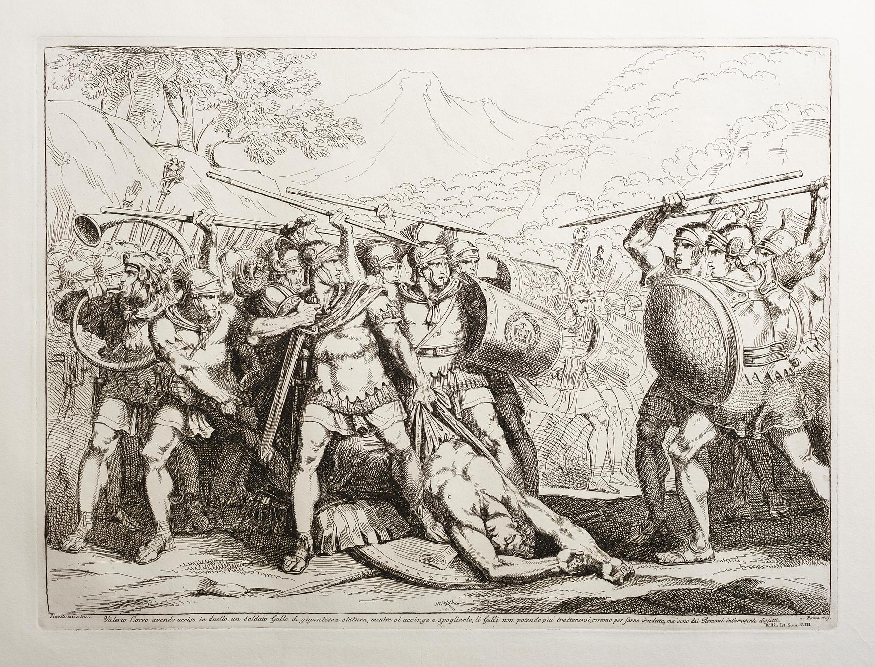 Valerio Corvo, der har dræbt en Gallo-soldat af gigantisk statur i en duel. Mens han er ved at klæde ham af, løber gallerne, som ikke er i stand til at holde sig selv tilbage, mod ham for at hævne ham, men de bliver fuldstændigt besejret af romerne, E943,43
