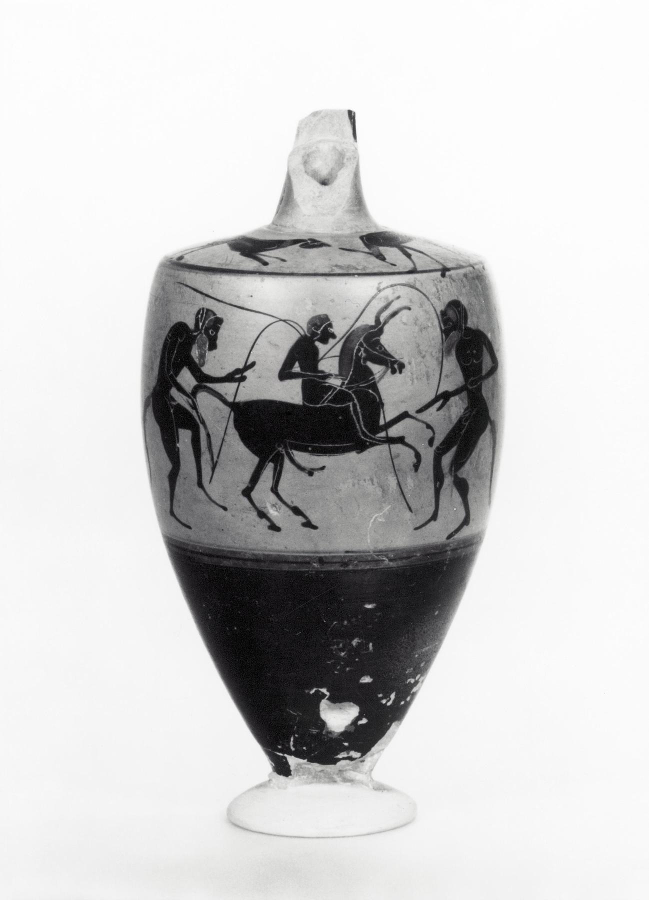 Lekythos with a riding youth between to sileni (body), a panther, and a deer (shoulder), H534