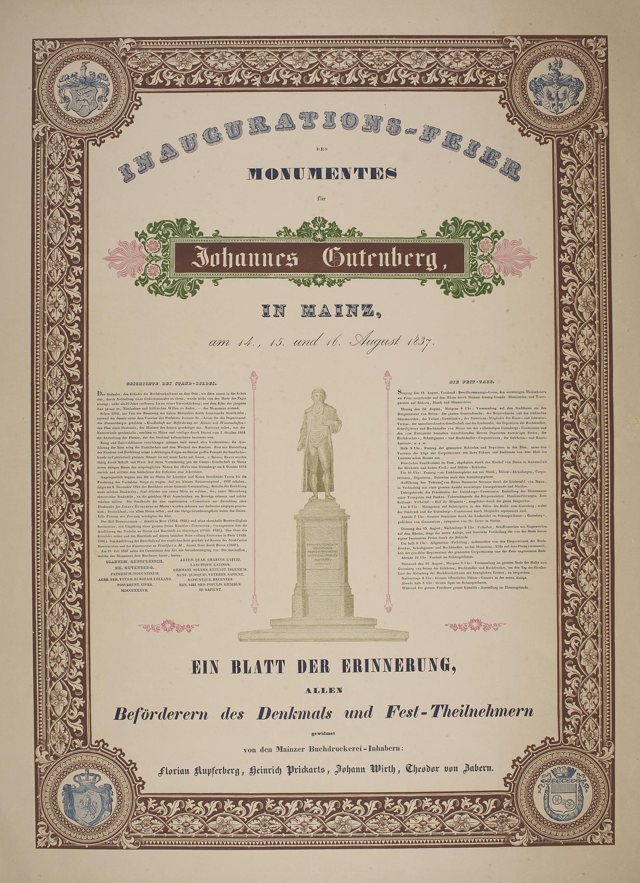 Plakat vedrørende afsløringen af Thorvaldsens monument for Johann Gutenberg i Mainz, E2271