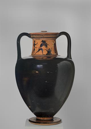 H538 Amfora med Dionysos blandt dansende silener (A) og Herakles med det erymanthiske vildsvin (B)