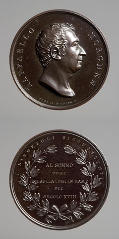 F60 Medaljens forside: Raphael Morghen. Medaljens bagside: Laurbærgrene og inskription