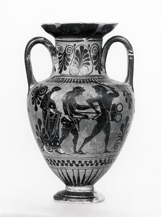 H544 Amphora with Heracles and Apollo struggling for the Delphic tripod (A) and departing warriors (B)