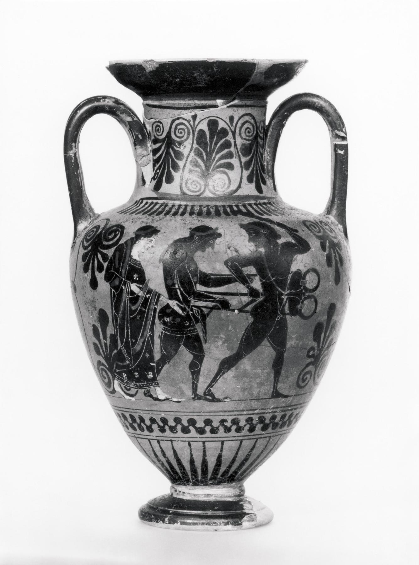 Amphora with Heracles and Apollo struggling for the Delphic tripod (A) and departing warriors (B), H544