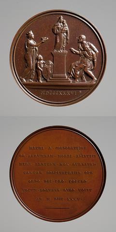F64 Medaljens forside: En syg kvinde føres hen til et Madonnabillede, en bygudinde og en dreng med Turins byvåben. Medaljens bagside: Inskription