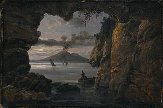 B180 Bugten ved Napoli med Vesuv i udbrud set fra en grotte