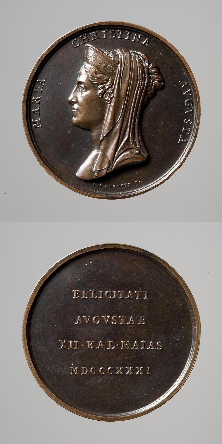 Medaljens forside: Dronning Maria Christina af Begge Sicilier. Medaljens bagside: Inskription, F63