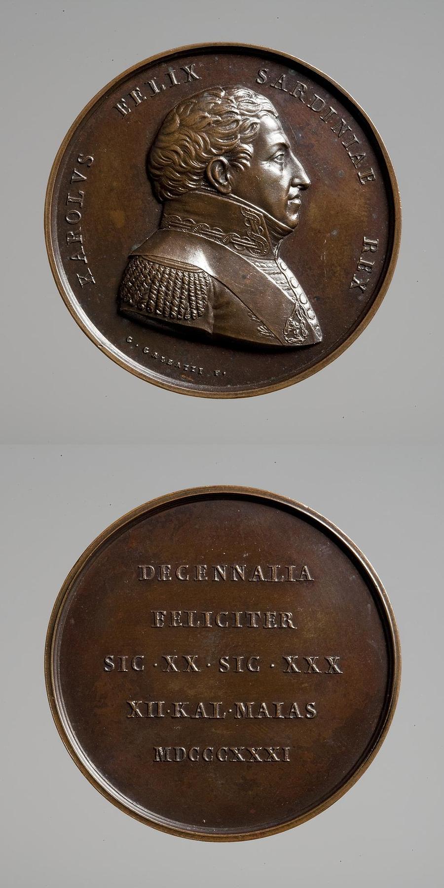 Medaljens forside: Kong Karl Felix af Sardinia. Medaljens bagside: Inskription, F62
