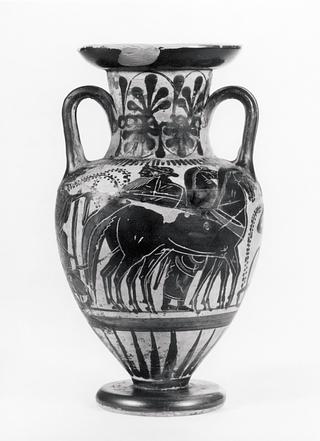 H543 Amfora med Ariadne (?) og Dionysos (A) og Herakles i kamp mod Kyknos (B)