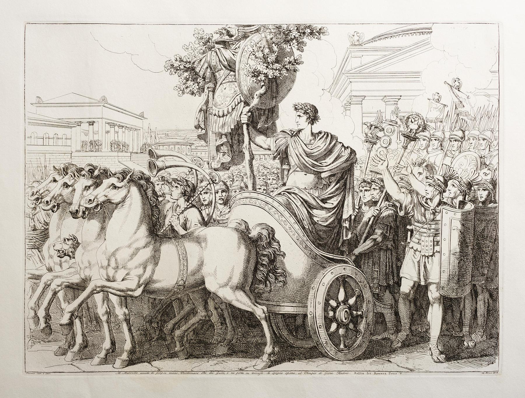 M. Marcello uccide di propia mano, Viridomaro Ré dei Galli, e ne porta in trionfo le spoglio opime, al Tempio di Giove Feretrio, E943,55